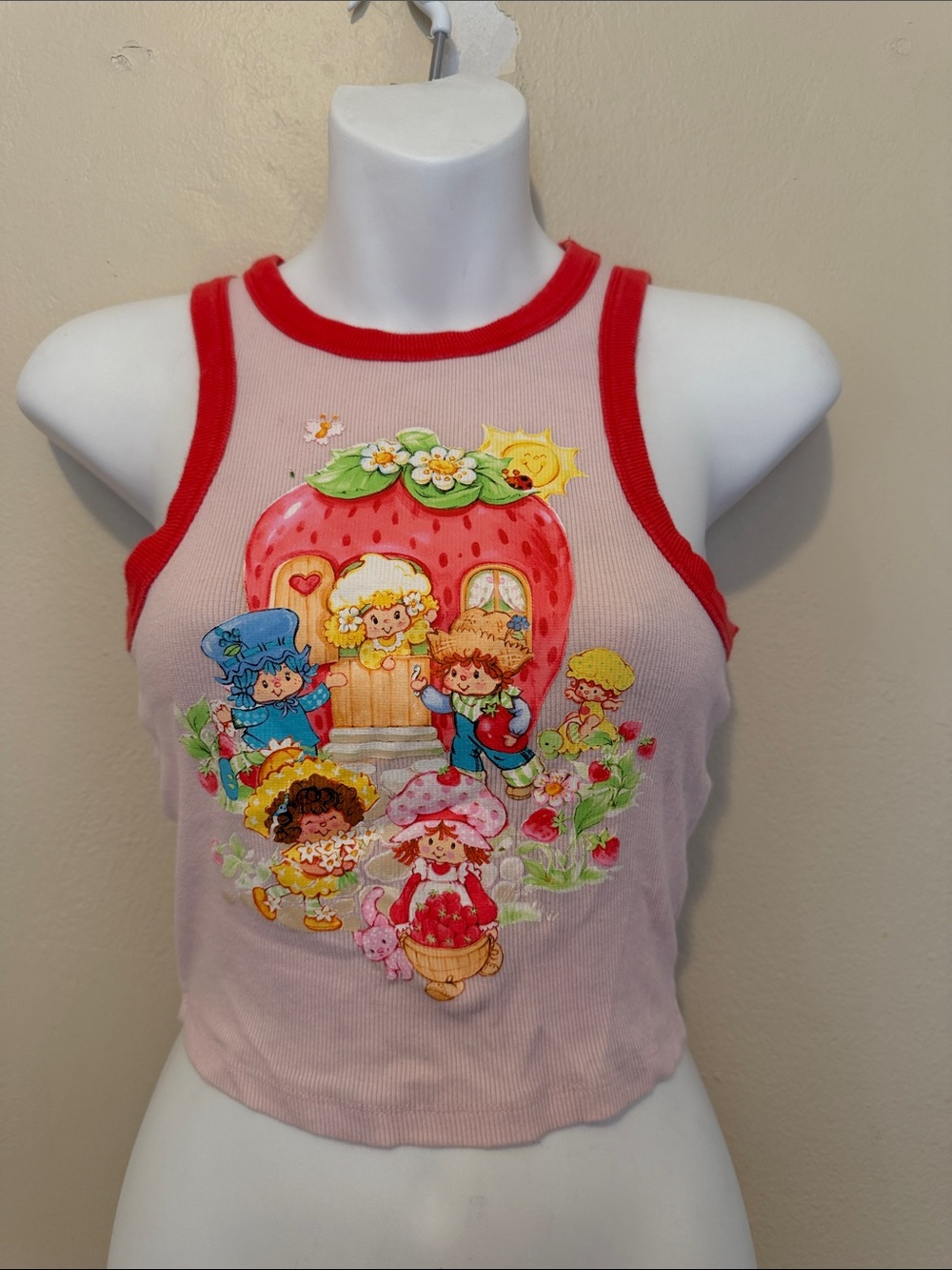Girls' Pink Strawberry Graphic Ribbed Tank with Red Trim